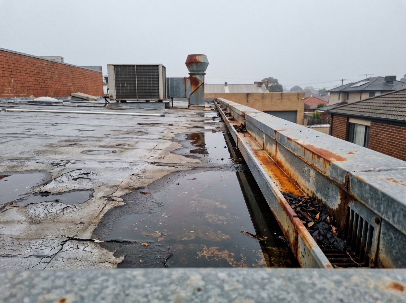 A commercial flat roof with ponding water and split membrane