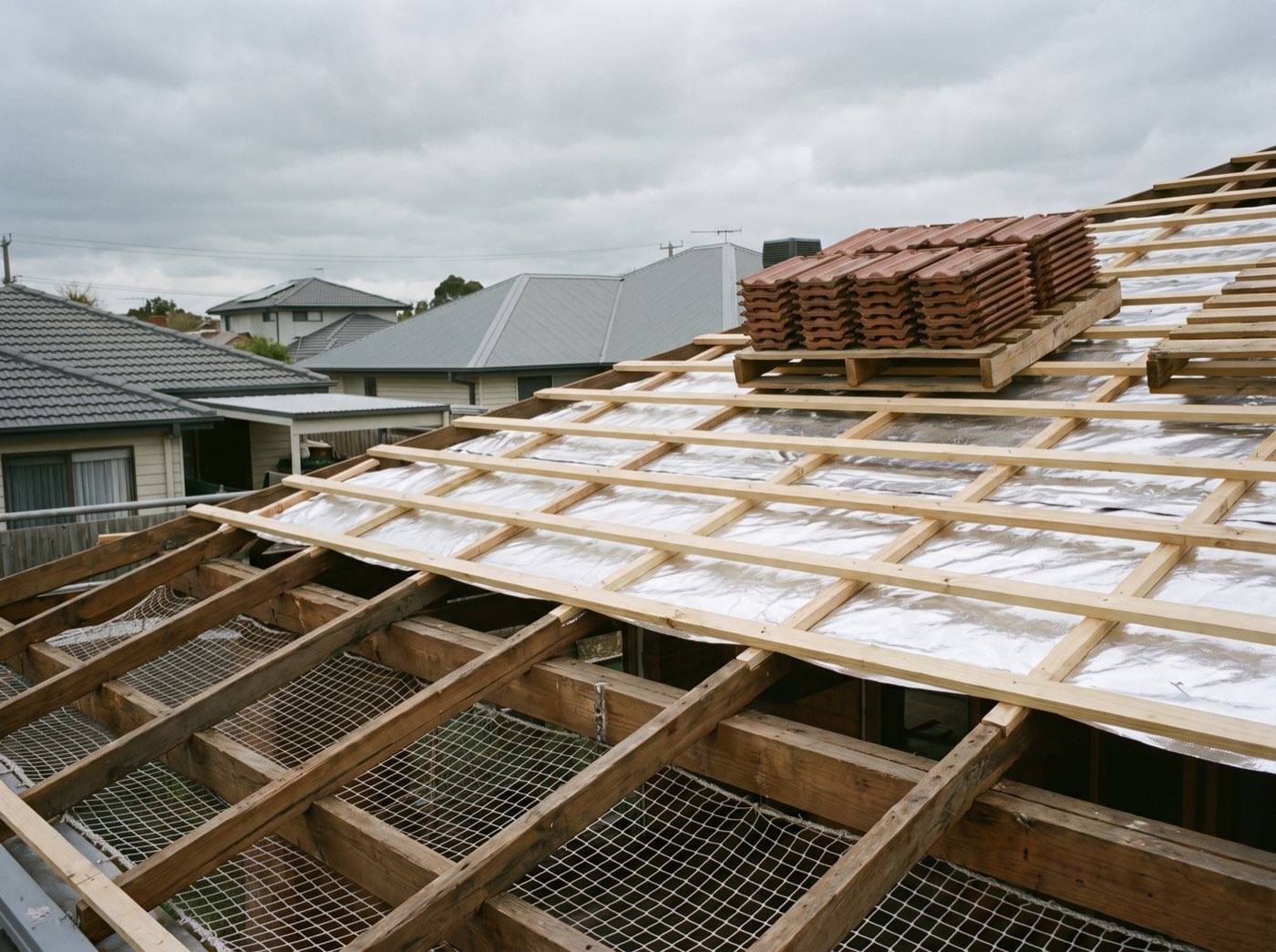 A roof stripped back to fresh battens and sarking mid replacement