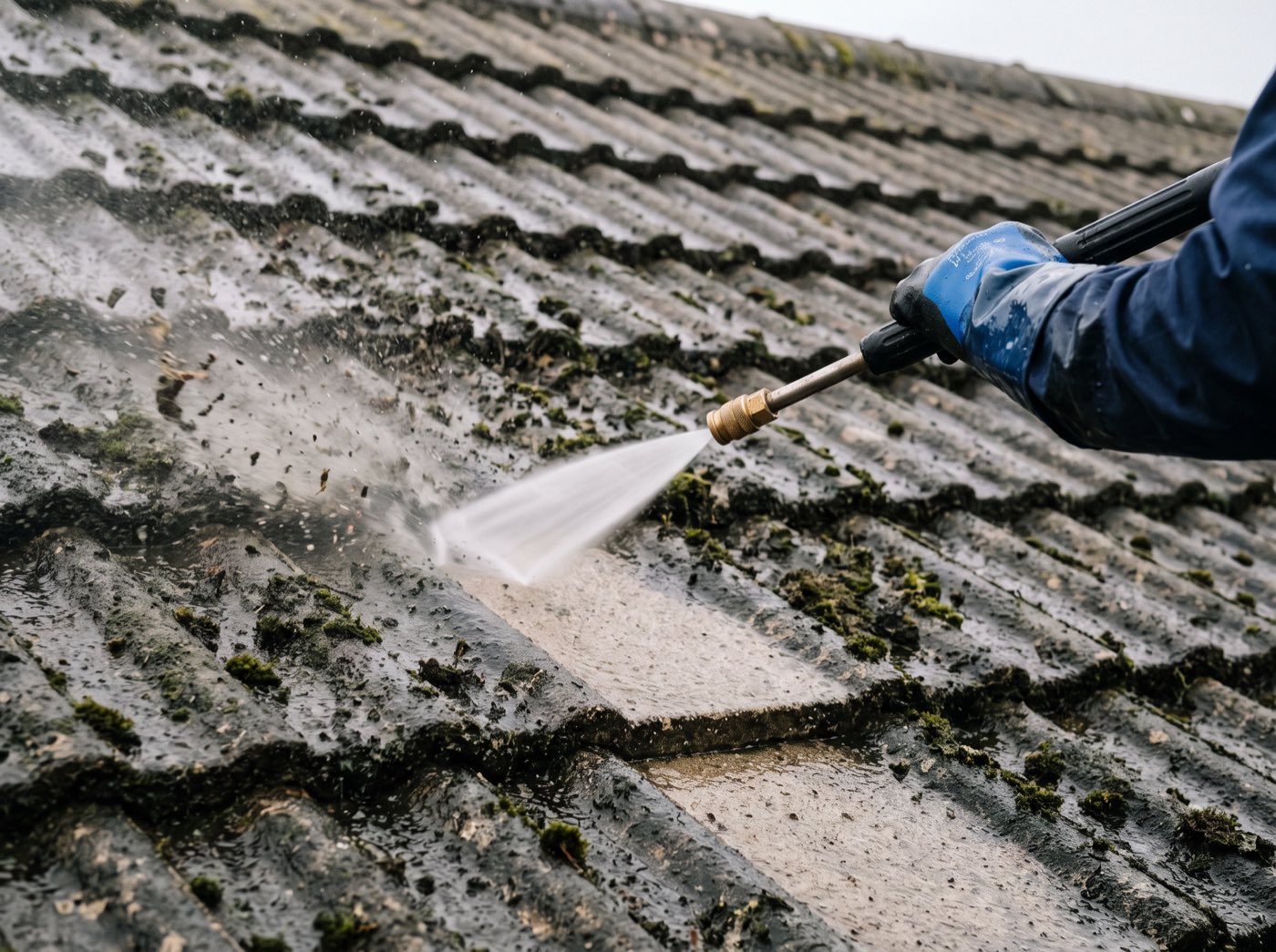 High pressure cleaning stripping grime from roof tiles