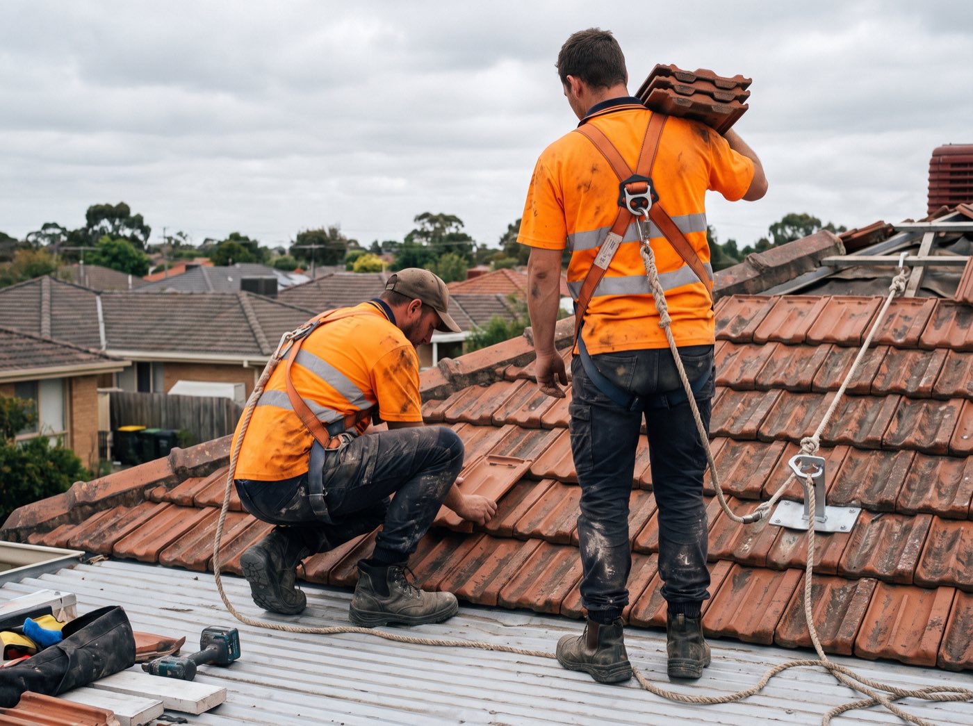 Two harnessed roofers working on a Melbourne tile roof
