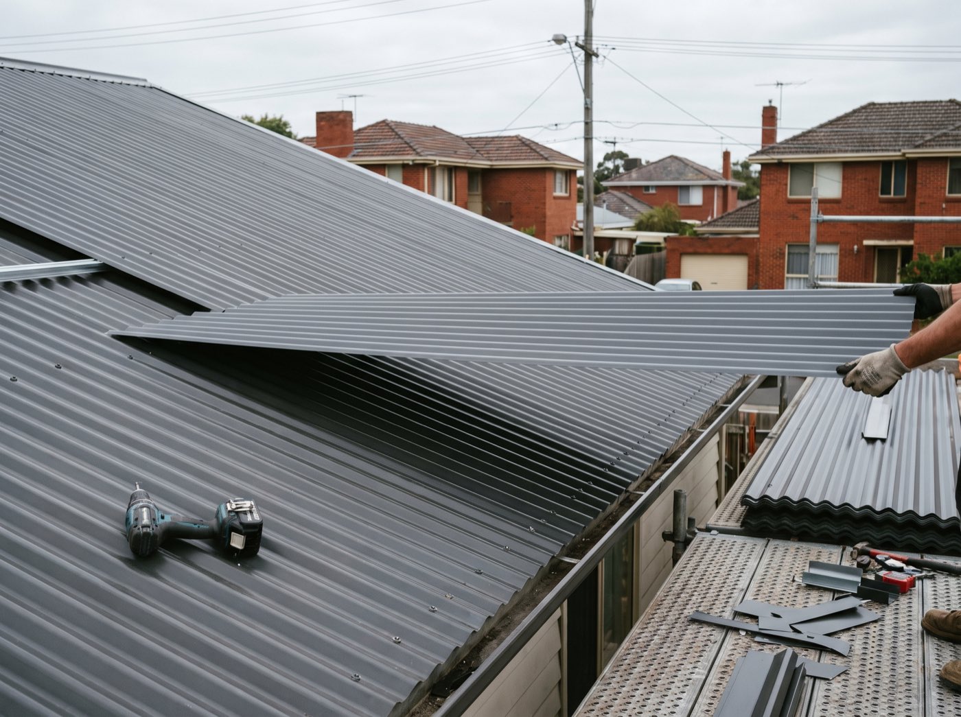 New charcoal metal roof sheets being fixed down