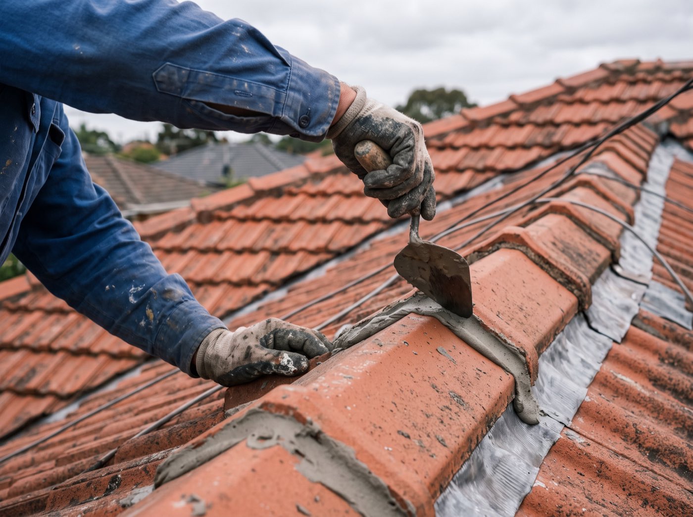 A roofer bedding fresh pointing along ridge capping