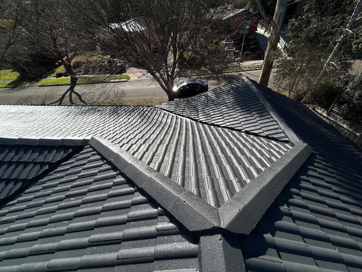 The same roof cleaned, repointed and coated charcoal