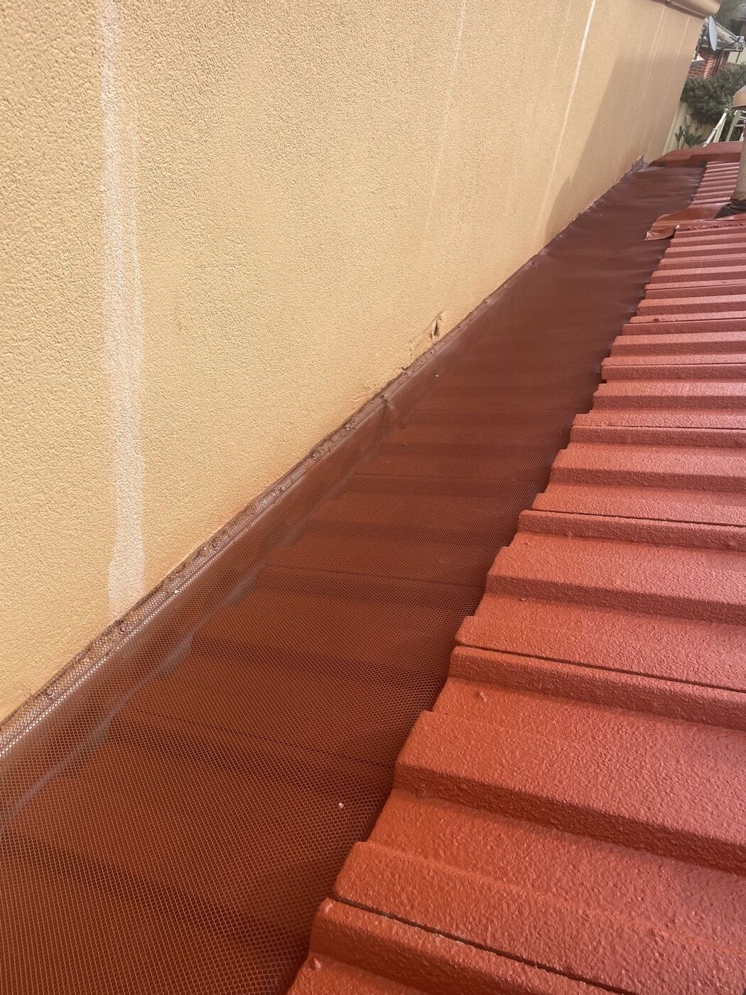 Leaf guard mesh over the gutter where a tile roof meets a rendered wall