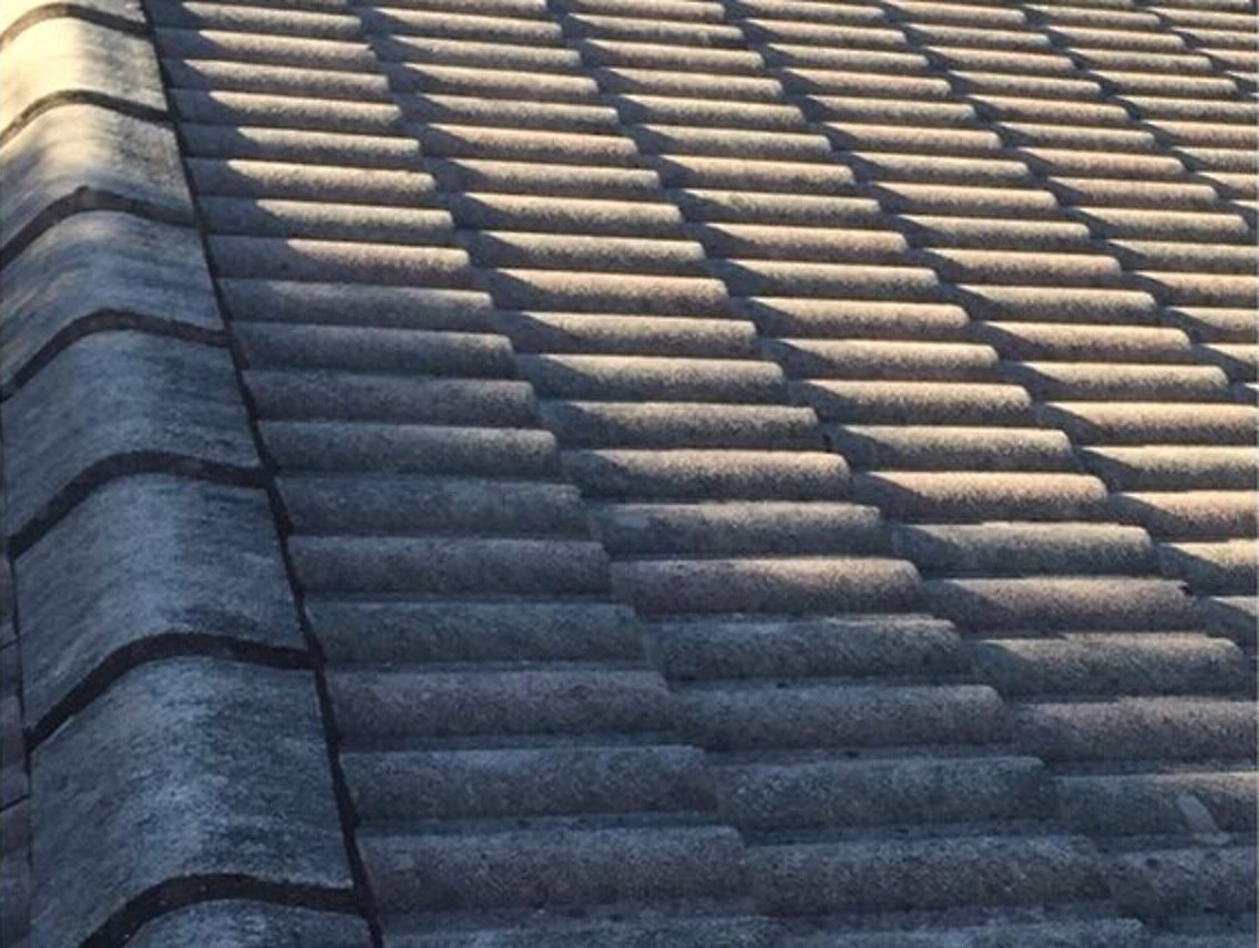 A cement tile roof dark with dirt and lichen